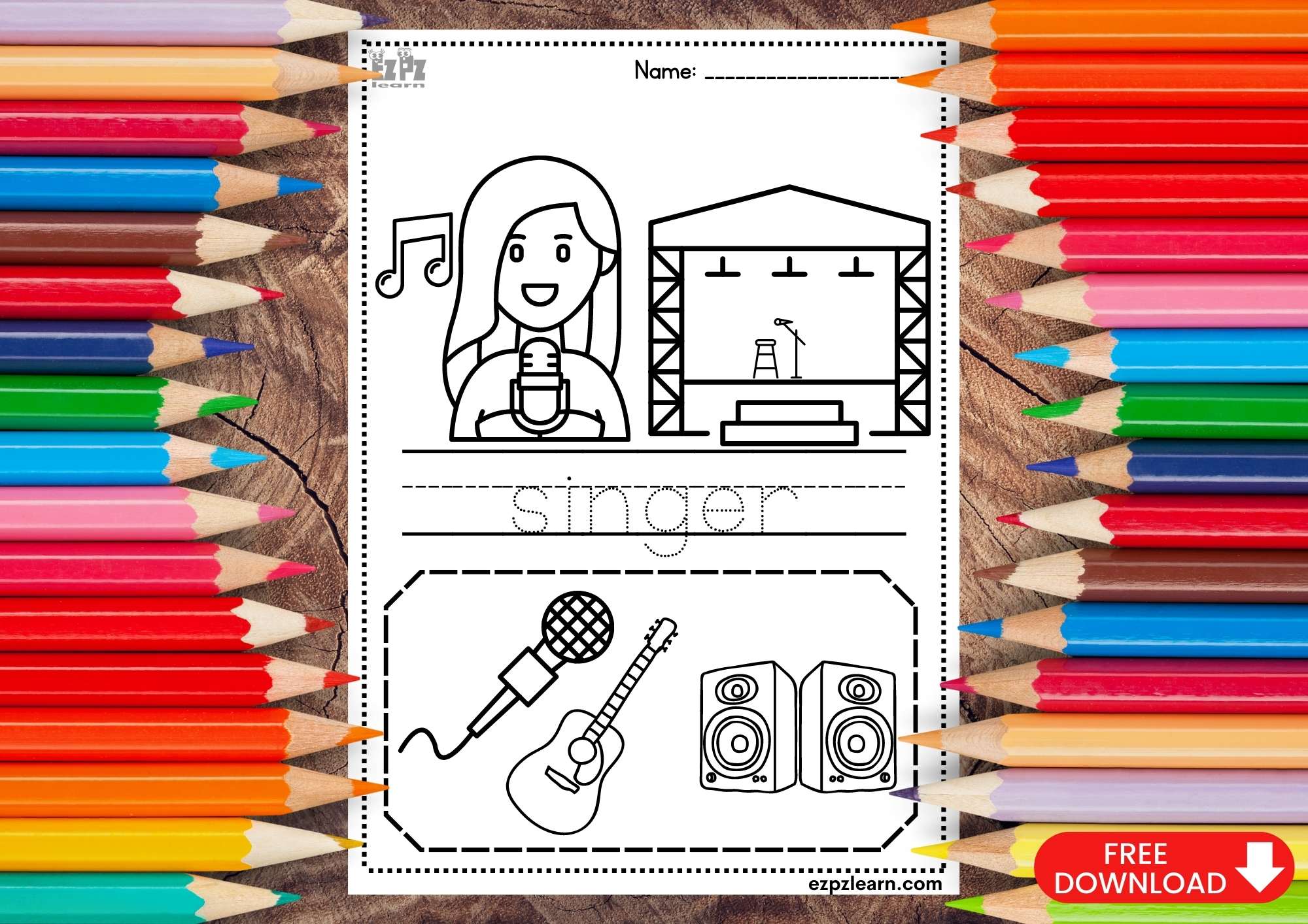 Singer Coloring and Trace the Word Page Jobs Topic for Kids